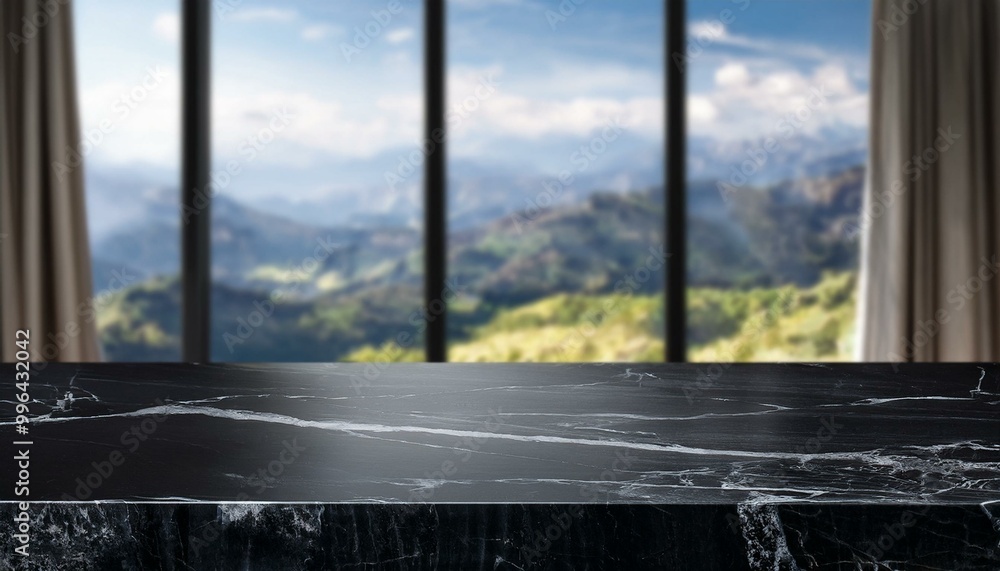 Fototapeta premium Black marble tabletop on panoramic window background. Stone countertop for luxury beauty products and food presentation. view from the window. window in the city