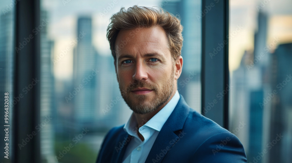 A close-up business portrait of a confident entrepreneur, with the city skyline visible through the window behind him A close-up business portrait of a confident entrepreneur, with the city skyline visible through the window behind him