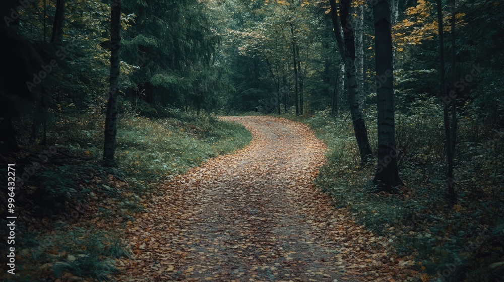 Fototapeta premium An empty forest path winding through trees, with the ground covered in a thick layer of leaves, leading the eye into the wilderness.