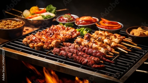 Korean bbq street food on grill close up. Neural network ai generated art