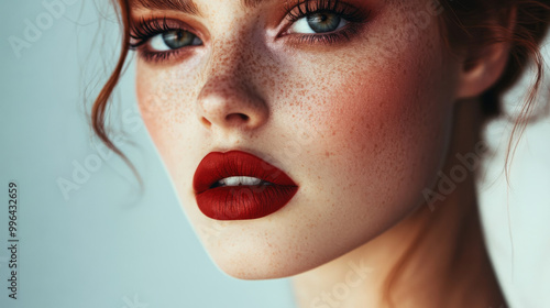 A close-up portrait of a model with bold makeup and an intense gaze, set against a minimalistic backdrop