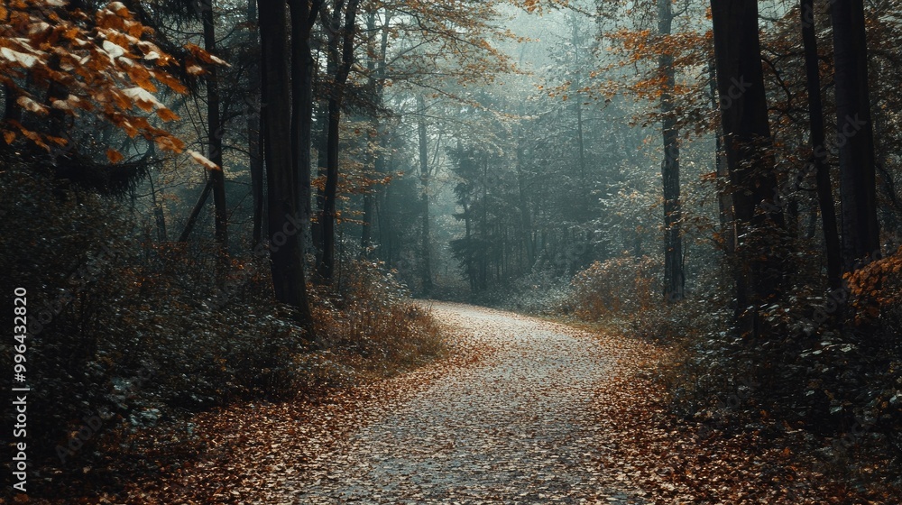 Naklejka premium An empty forest path winding through trees, with the ground covered in a thick layer of leaves, leading the eye into the wilderness.