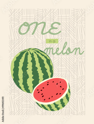 One in a melon - cute retro groovy summer fruits poster. Abstract watermelons on geometric  background design.