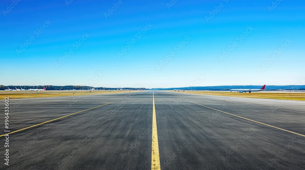 Fototapeta premium An empty runway at an airport, with planes parked in the distance under a clear blue sky.