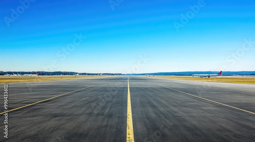 An empty runway at an airport, with planes parked in the distance under a clear blue sky.