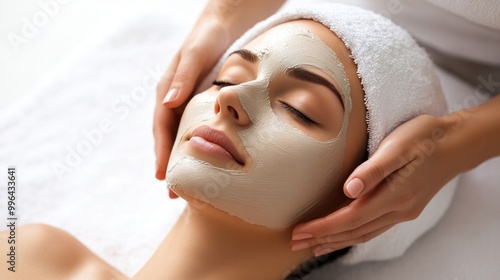 Beautician massaging nutrition mask onto a woman's face, spa treatment with client in total relaxation, isolate on white background photo