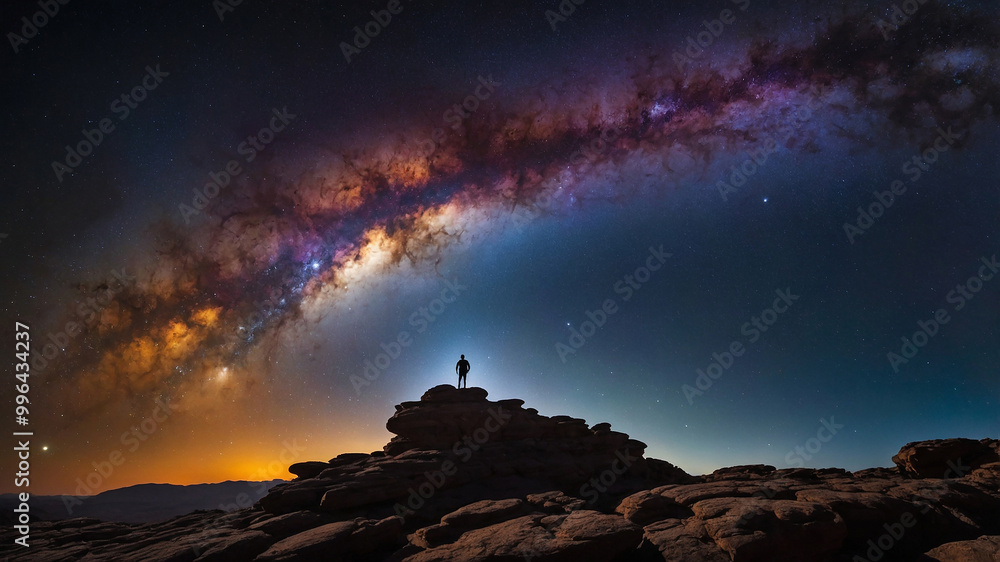 A person celebrates under a vibrant Milky Way galaxy on a rocky mountain during sunset or sunrise, depicted beautifully. A person celebrates under a vibrant Milky Way galaxy on a rocky mountain during sunset or sunrise, depicted beautifully.