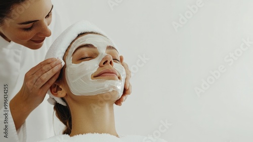 Client enjoying facial mask applied by a beautician during skincare treatment, isolate on white background photo