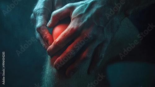 Close-up of a hand pressing tightly against a swollen knee, showing the sharp pain and discomfort in the joint.