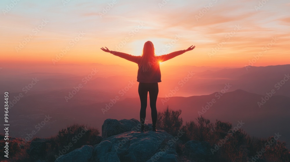 Female achiever on top of a mountain with arms spread open, celebrating success and self-development at sunrise, isolate on white background Female achiever on top of a mountain with arms spread open, celebrating success and self-development at sunrise, isolate on white background
