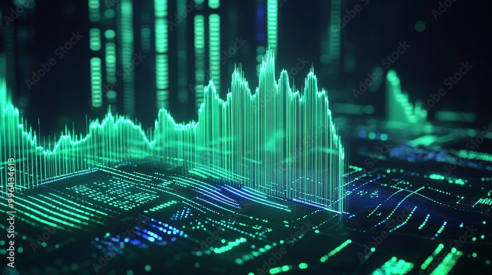 Futuristic digital graph overlaid on a complex circuit board, representing data analysis and tech advancements. Futuristic digital graph overlaid on a complex circuit board, representing data analysis and tech advancements.