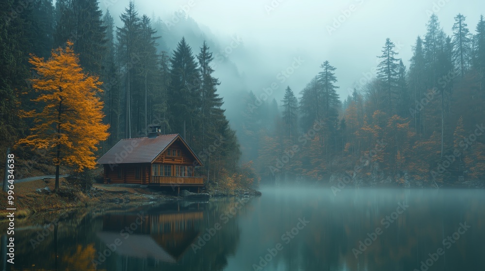 A cabin in the dense forest overlooking an alpine lake, foggy and rainy weather A cabin in the dense forest overlooking an alpine lake, foggy and rainy weather