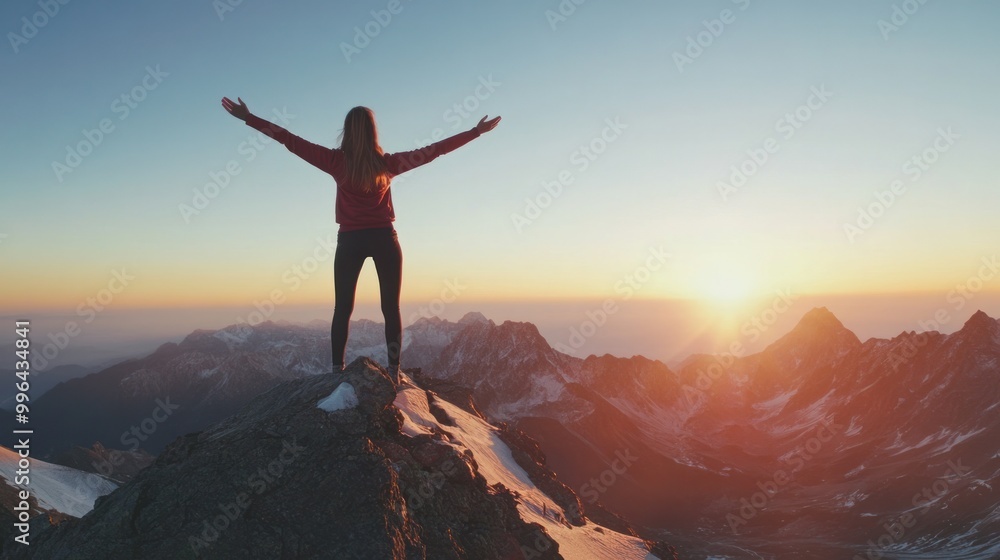 Female achiever standing on top of a mountain, arms open in celebration of success and self-development, sunrise in the background, isolate on white background Female achiever standing on top of a mountain, arms open in celebration of success and self-development, sunrise in the background, isolate on white background