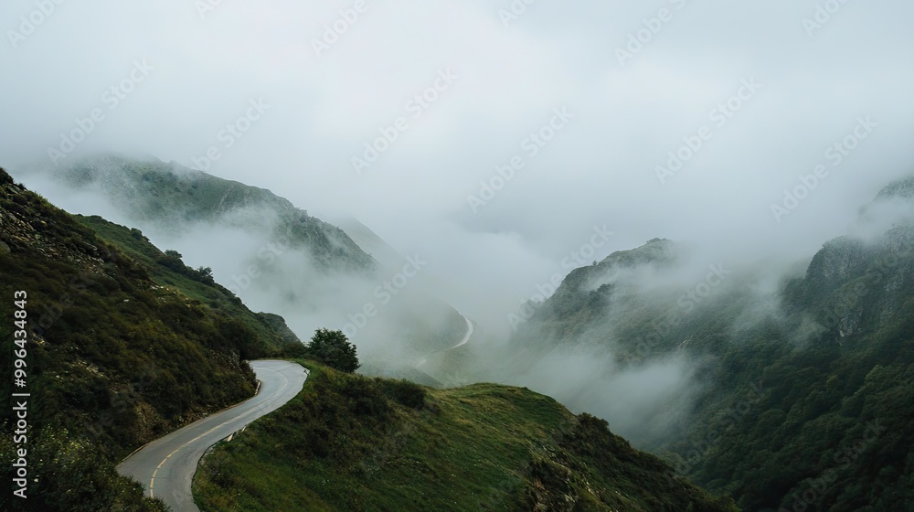 Fog flowing across a winding mountain road, with the peaks shrouded in mist, creating a sense of adventure and mystery. 81c19f91 Fog flowing across a winding mountain road, with the peaks shrouded in mist, creating a sense of adventure and mystery. 81c19f91