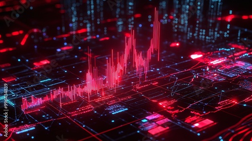 Futuristic digital graph visualization with red and blue neon lights representing advanced data analysis.