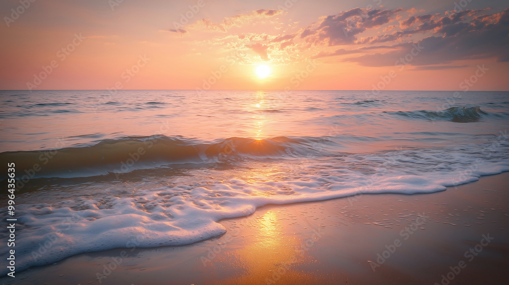 Fototapeta premium Vibrant Sunset Over the Ocean with Waves Gently Reaching the Shore