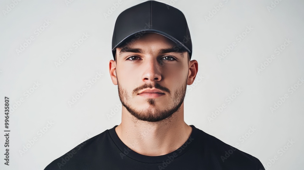 Black cap mockup on a man, isolated on a crisp white background, highlighting the simple yet stylish look. Black cap mockup on a man, isolated on a crisp white background, highlighting the simple yet stylish look.