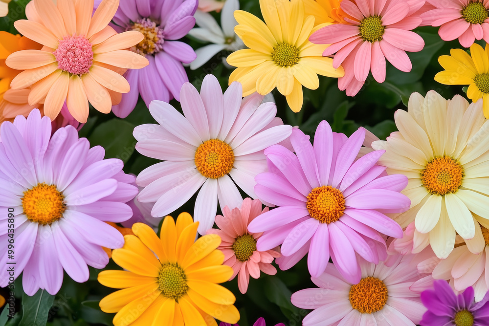 A close-up of vibrant, multicolored daisies in full bloom, showcasing soft petals and bright yellow centers in a lush garden A close-up of vibrant, multicolored daisies in full bloom, showcasing soft petals and bright yellow centers in a lush garden