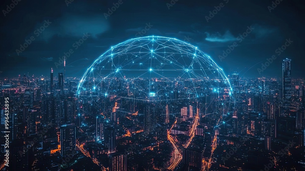 Obraz premium AI urban environment, digital networks, futuristic design, holographic society