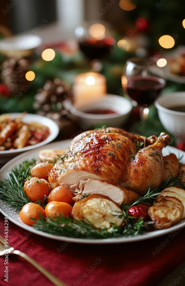 Traditional Christmas dinner on a dining table featuring juicy chicken and red tablecloth Traditional Christmas dinner on a dining table featuring juicy chicken and red tablecloth