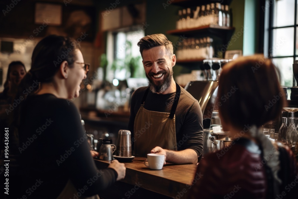 Barista serving customers a coffee barista adult mug. Barista serving customers a coffee barista adult mug.
