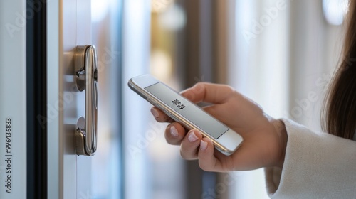 Modern digital security, closeup of a woman's hand entering a code on a smartphone to access hotel room, isolate on white background