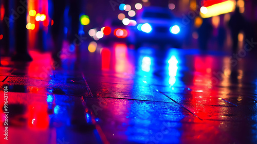 Wet pavement with reflections of city lights at night.