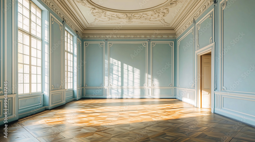 Fototapeta premium Elegant Empty Room with Blue Walls and Parquet Flooring