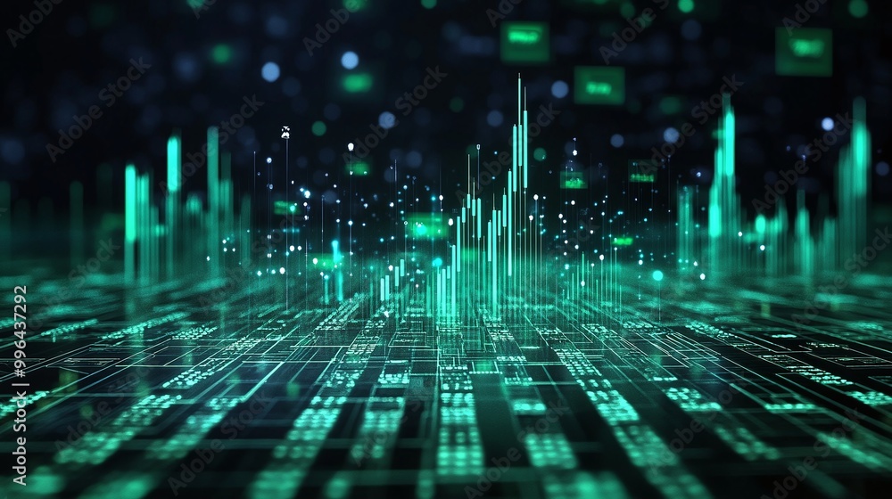 Futuristic digital landscape with green data visualization, representing advanced technology and analytics. Futuristic digital landscape with green data visualization, representing advanced technology and analytics.