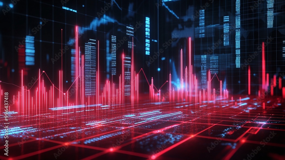 Futuristic digital landscape with red and blue data visualization elements on a dark background. Futuristic digital landscape with red and blue data visualization elements on a dark background.