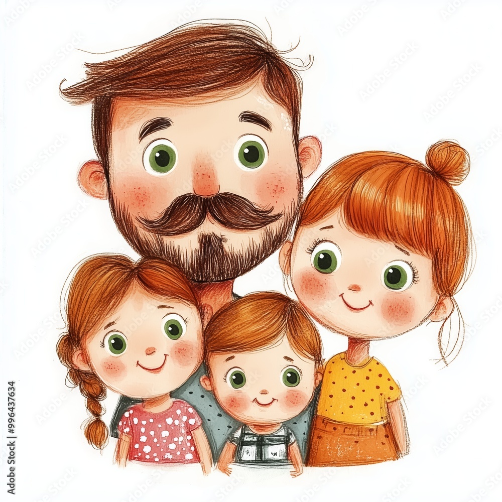 A joyful family of four enjoys a cheerful moment together in a colorful illustration