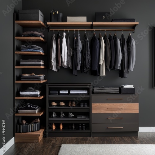 Modern wardrobe with organized clothing and accessories, showcasing an elegant interior design.