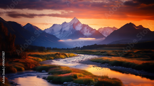 Breathtaking Dawn landscape in the Mountains with Warm Morning Light