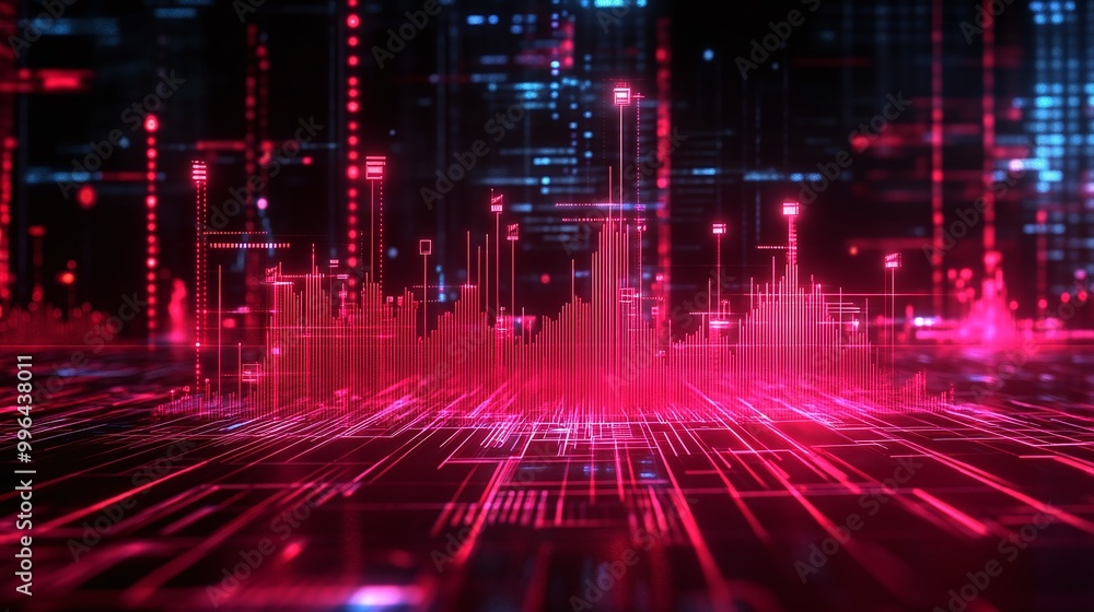 Futuristic digital landscape with vibrant red neon lines and data visualizations on a dark background. Futuristic digital landscape with vibrant red neon lines and data visualizations on a dark background.