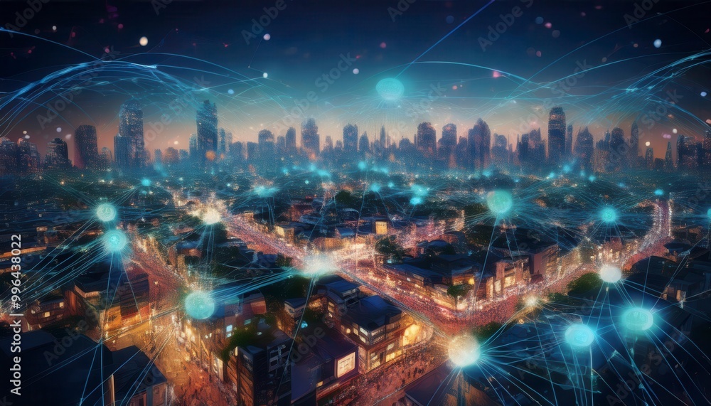 Crowd with a network of connections. Big data, smart city, WiFi concept. Generated image Crowd with a network of connections. Big data, smart city, WiFi concept. Generated image