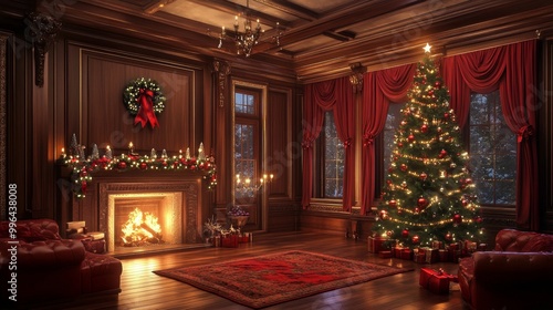 Cozy Christmas living room with decorated fireplace, Christmas tree and presents