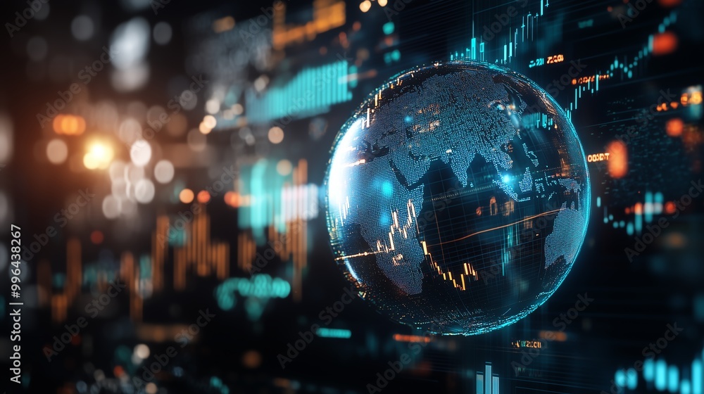 A futuristic digital globe with data visualization and network connections, representing global communication and technology. A futuristic digital globe with data visualization and network connections, representing global communication and technology.