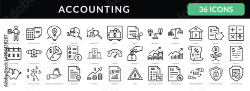 Finance and Accounting Thin Line Icons: Audit, Tax, Budget, Invoice, Report Set