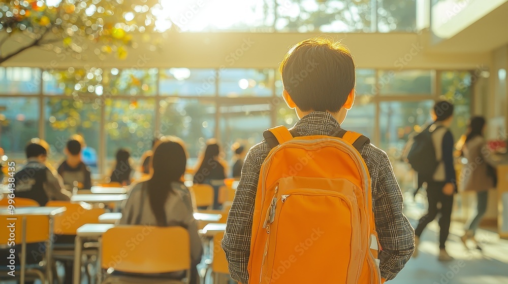 Image of a boy kid entering the classroom with his backpack, back to school concept Image of a boy kid entering the classroom with his backpack, back to school concept