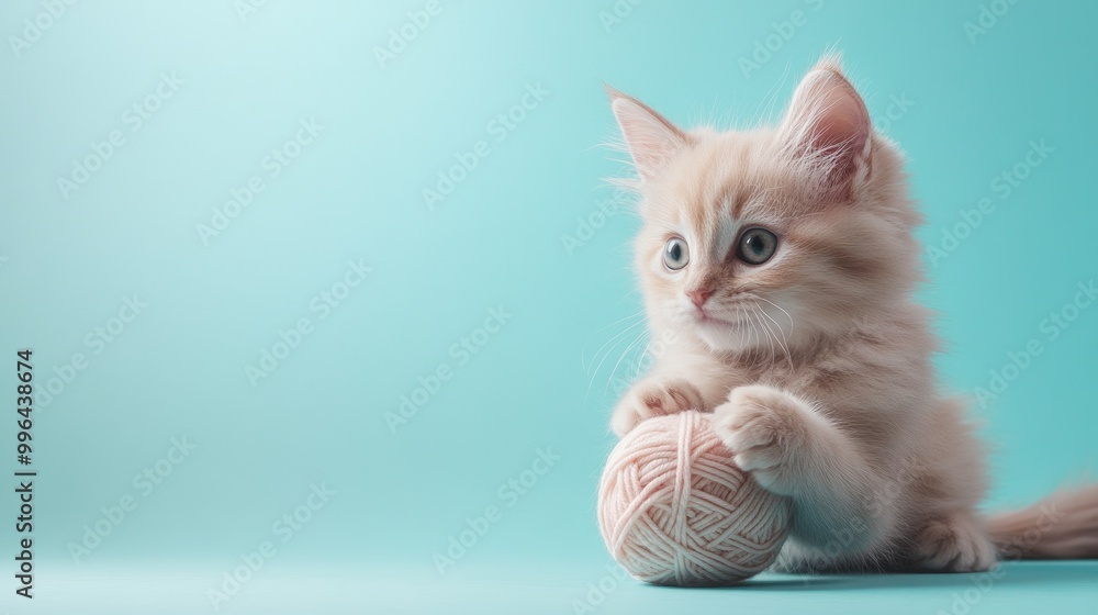 Naklejka premium Fluffy kitten playing with a yarn ball, pastel background with plenty of copy space.