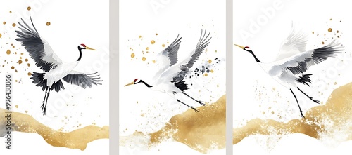 Set of three abstract illustrations with white cranes flying