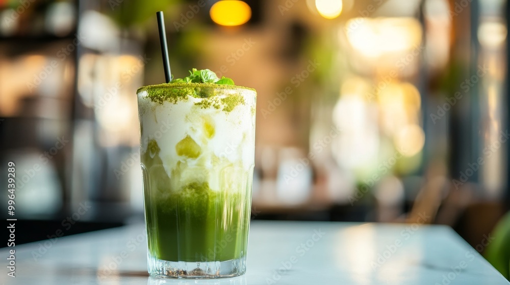 Iced Matcha Latte with Cream and Green Tea Powder on Top, Refreshing Summer Drink.