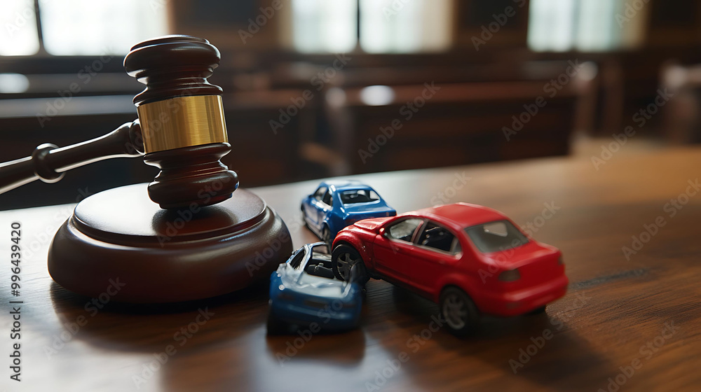 A wooden gavel sits on a courtroom table with three toy cars, a red one facing the camera and a blue one overturned behind it, suggesting a car accident and legal proceedings. A wooden gavel sits on a courtroom table with three toy cars, a red one facing the camera and a blue one overturned behind it, suggesting a car accident and legal proceedings.