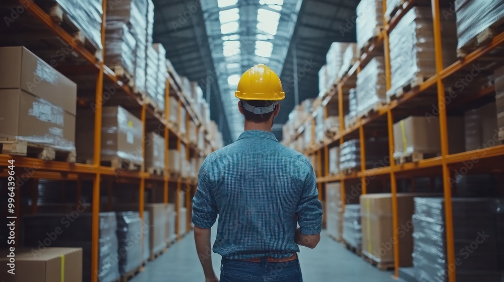 Professional worker in a hard hat moving boxes through a large warehouse with shelves, logistics and distribution job, isolate on white background Professional worker in a hard hat moving boxes through a large warehouse with shelves, logistics and distribution job, isolate on white background