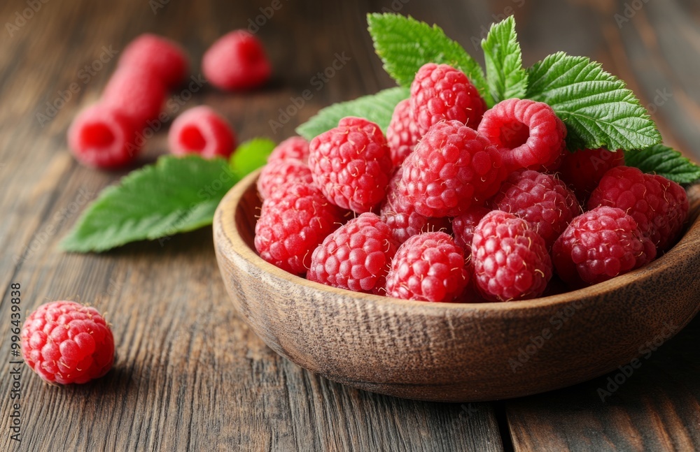 Fresh raspberries on a wooden plate with green leaves, set against a rustic wooden background Fresh raspberries on a wooden plate with green leaves, set against a rustic wooden background