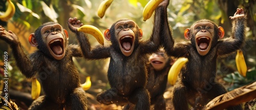 A group of laughing monkeys in a jungle throwing bananas at each other in mid-air