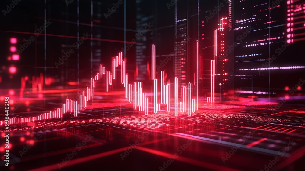 Futuristic stock market data visualization with red bars and digital grid. Futuristic stock market data visualization with red bars and digital grid.