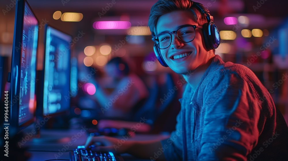 A young smiling man in headphones and glasses is sitting at his desk, working on the computer A young smiling man in headphones and glasses is sitting at his desk, working on the computer