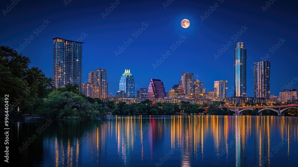 Fototapeta premium The iconic buildings of downtown glowing in the night, with the moon visible above, casting a serene light over the urban landscape.