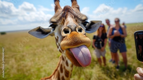 A giraffe sticking its tongue out while photobombing tourists in an African savannah